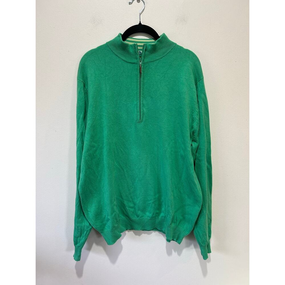 J. McLaughlin green quarter zip sweater womens M preppy resort *small stain